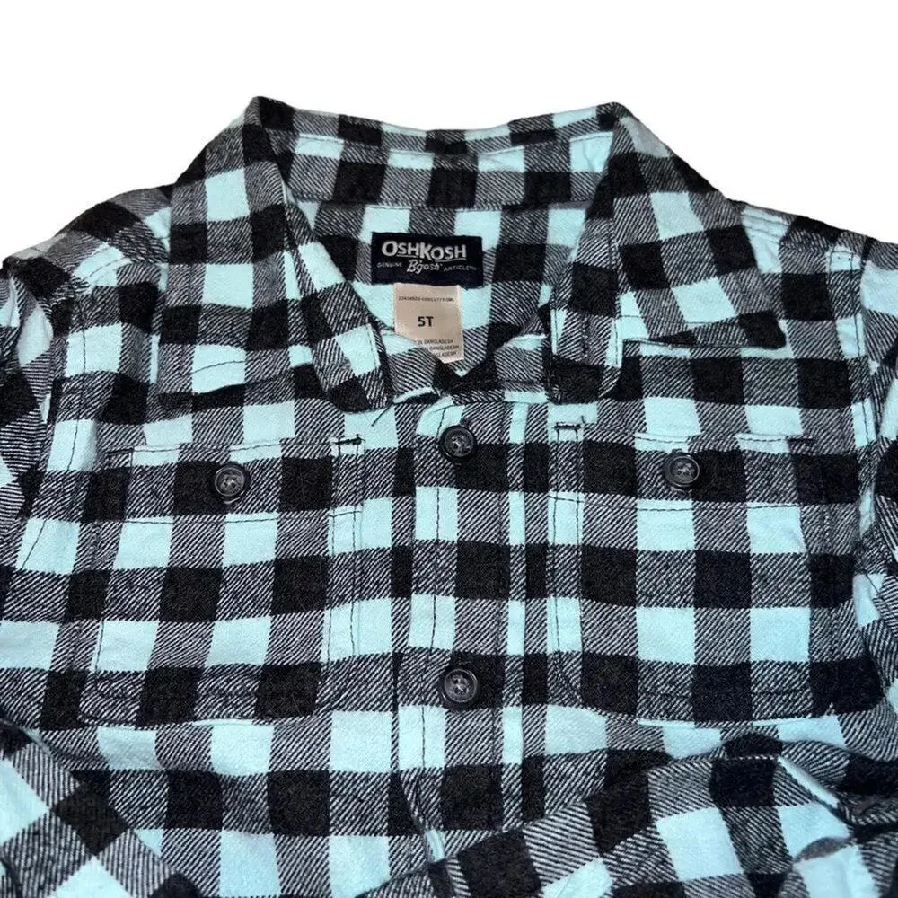 OshKosh B'gosh Toddler 5T Mint Green Black Plaid‎ 100% Cotton Flannel Shirt